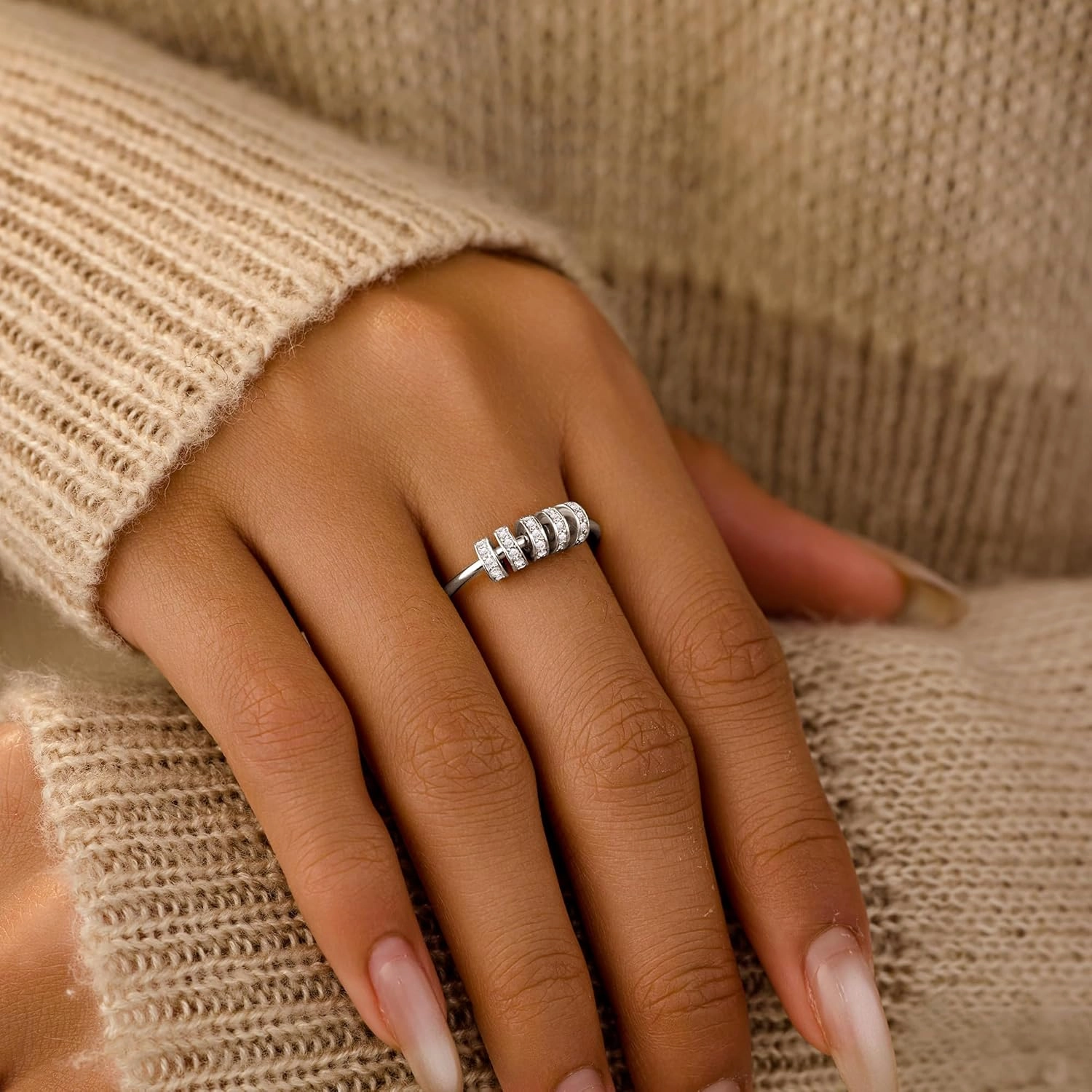LOVECOM S925 Sterling Silver Fidget Anti Anxiety Rings With Cubic Zirconia Beads Spinner Ring for Women 14k Gold Plated Stress Relief Spinning Ring Jewelry Christmas Gifts for Mom to Daughter