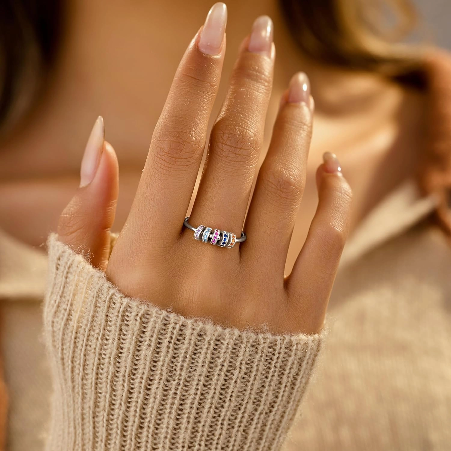 LOVECOM S925 Sterling Silver Fidget Anti Anxiety Rings With Cubic Zirconia Beads Spinner Ring for Women 14k Gold Plated Stress Relief Spinning Ring Jewelry Christmas Gifts for Mom to Daughter