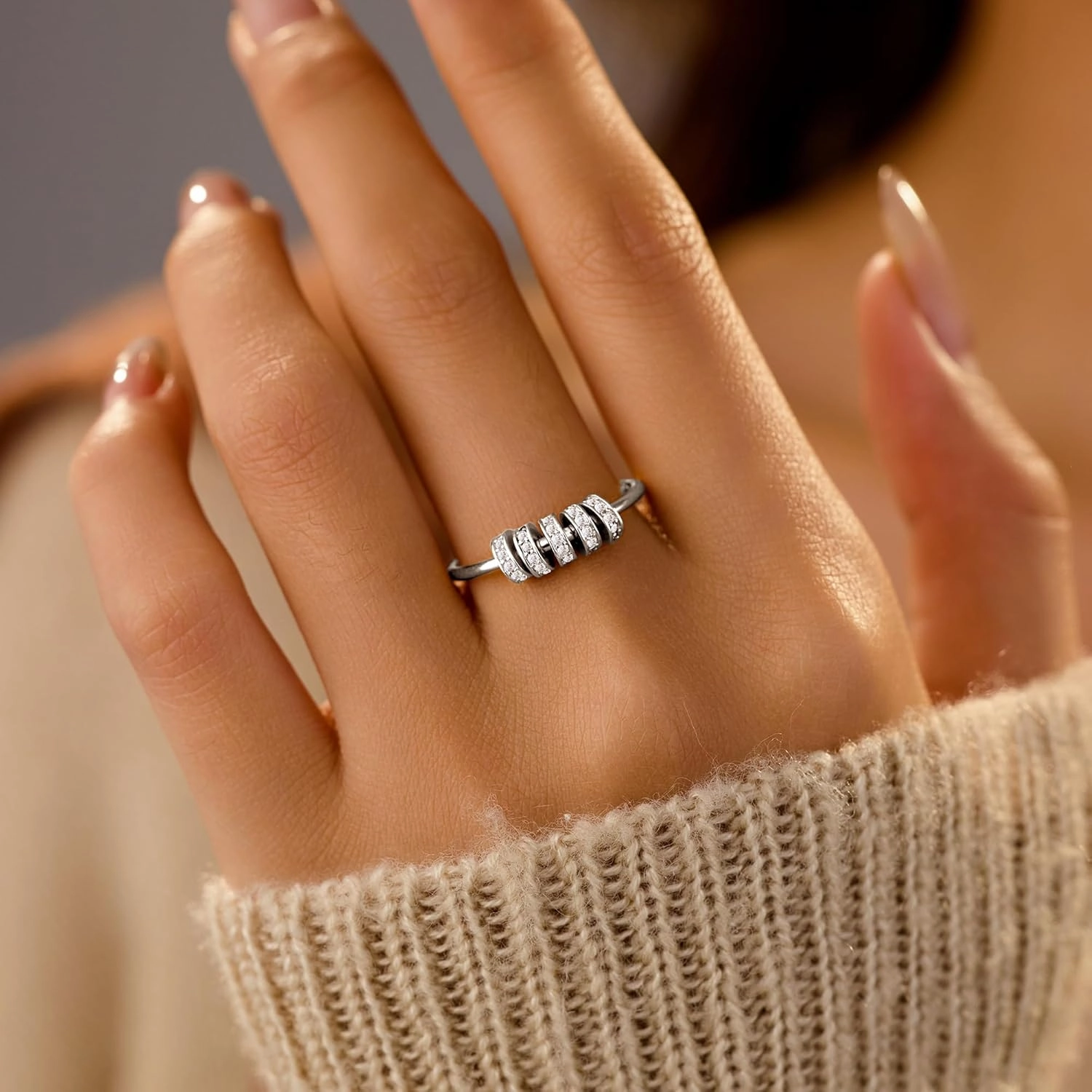 LOVECOM S925 Sterling Silver Fidget Anti Anxiety Rings With Cubic Zirconia Beads Spinner Ring for Women 14k Gold Plated Stress Relief Spinning Ring Jewelry Christmas Gifts for Mom to Daughter