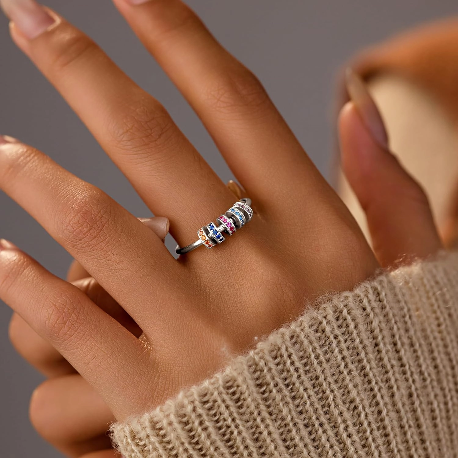LOVECOM S925 Sterling Silver Fidget Anti Anxiety Rings With Cubic Zirconia Beads Spinner Ring for Women 14k Gold Plated Stress Relief Spinning Ring Jewelry Christmas Gifts for Mom to Daughter