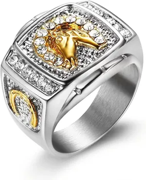 Lucky Horseshoe Ring for men CZ Horse Head Ring Radiant Diamond Bling Biker 316 Stainless Steel Rings Iced Out Jewelry Punk Ring Hip Hop Heavy Metal Ring Vintage Animal rings mens fashion rings