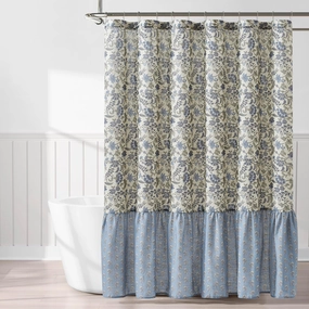 Lush Decor Lillian Block Print Linen Textured Shower Curtain Single 72" W x 72" L Blue & Sage - Vintage Floral Shower Curtains - Ruffled Bath Curtain
