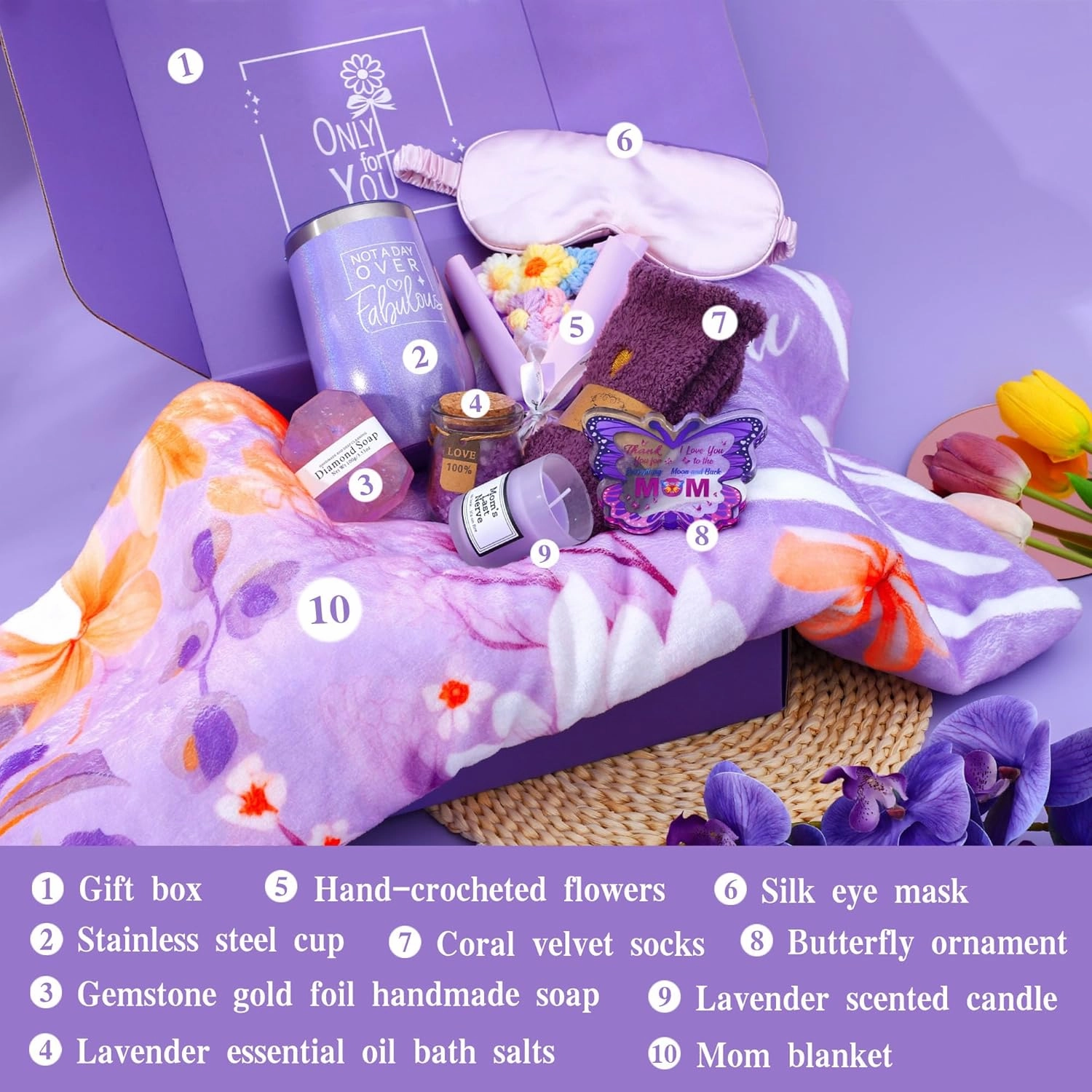 Luxury 10Pcs Mom Gifts Set Basket, Mothers Day Christmas Anniversary Birthday Gifts10Pcs Set for Mom, Mother Spa Skincare Set with Silk Eye Mask Blanket Tumbler, Ideal Gifts for Mother's Day