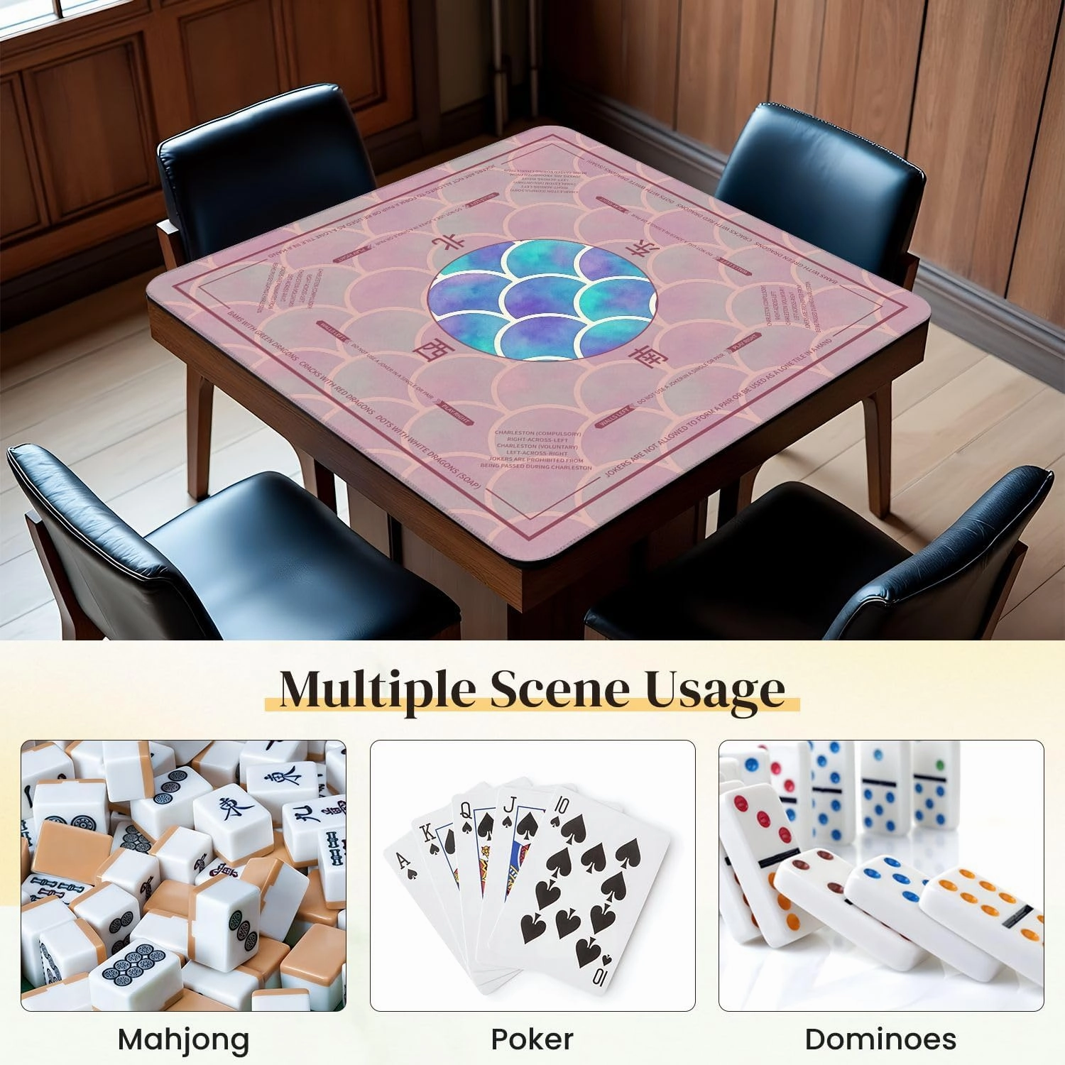 Mahjong Mat for Table Watercolor Rainbow Scales Seamless 31.5" x 31.5" Non-Slip Noise-Reducing Game Mat Premium Mahjong Accessories for Poker Dominoes Board Games