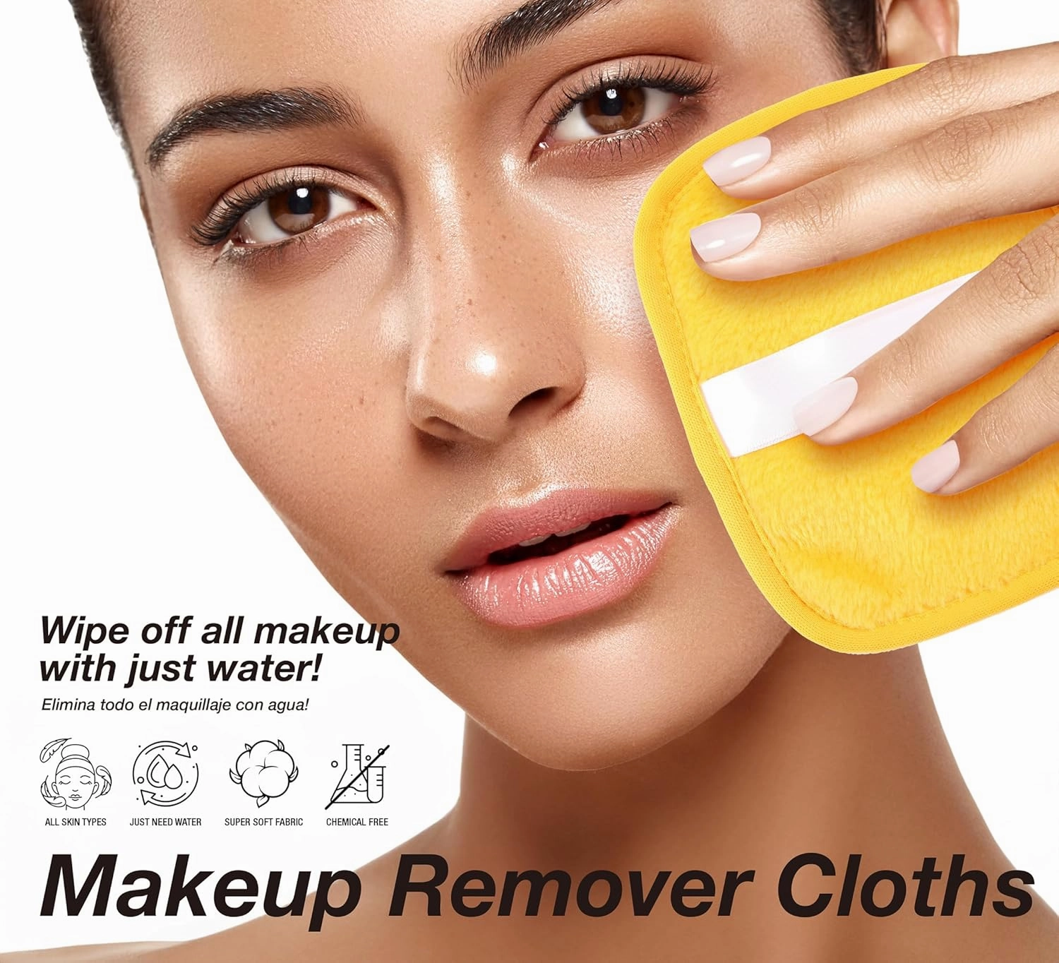 Makeup Remover Cloth 7 Packs, Skin Friendly Makeup Remover Pads for All Skin Types, Washable & Reusable Cleansing Cloth, Remove Waterproof Mascara Eyeliner Foundation Lipstick With Just Water (Yellow)