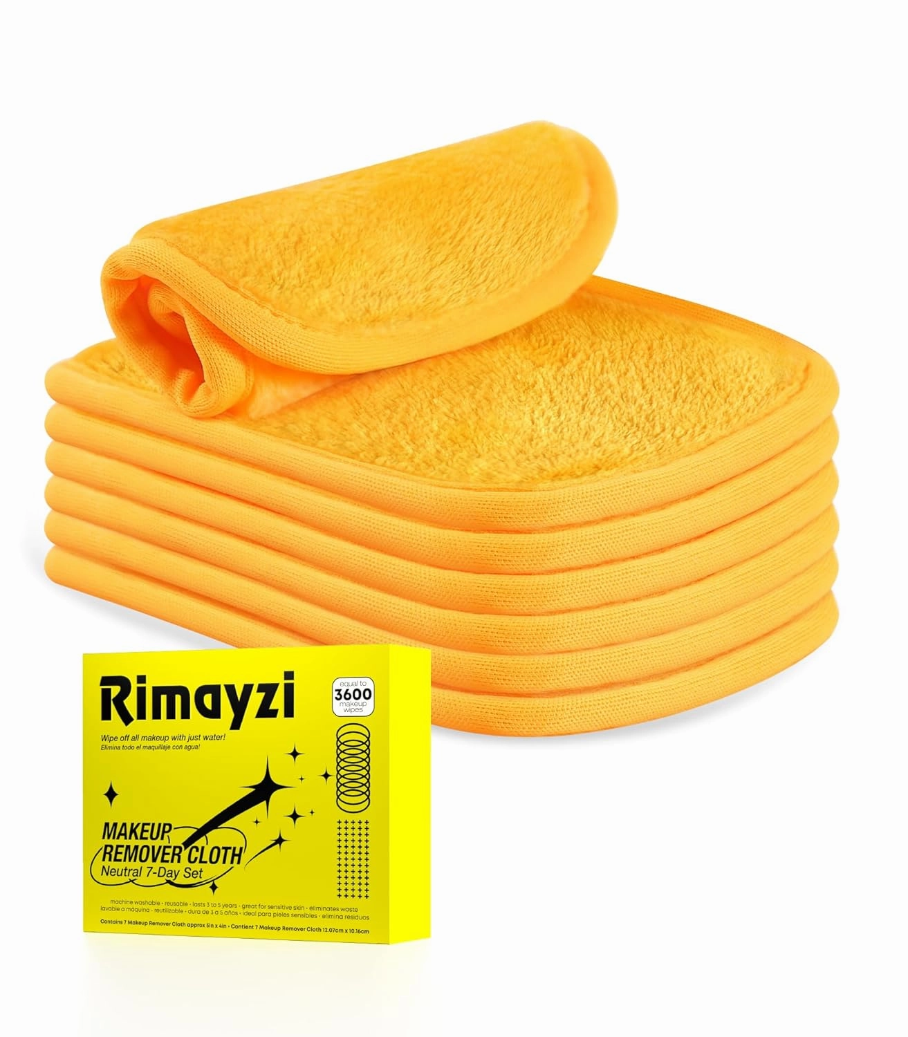 Makeup Remover Cloth 7 Packs, Skin Friendly Makeup Remover Pads for All Skin Types, Washable & Reusable Cleansing Cloth, Remove Waterproof Mascara Eyeliner Foundation Lipstick With Just Water (Yellow)
