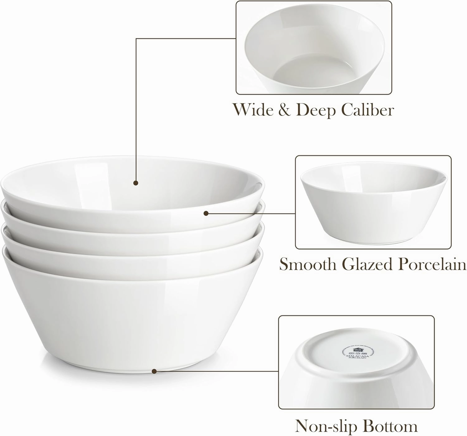 MALACASA 35 OZ Soup Bowls, White Porcelain Bowls Set of 4, Deep Bowls for Kitchen, Large Ceramic Bowls for Soup, Cereal, Salad, Ramen and Fruit, Dishwasher & Microwave Safe, Series Regular