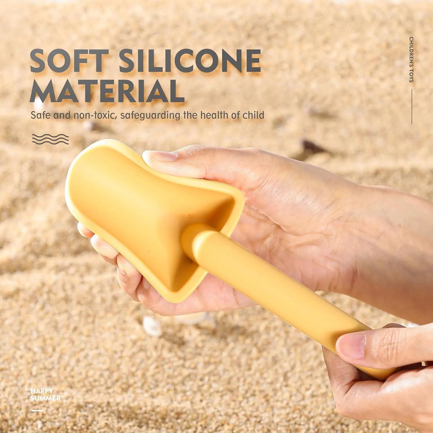 MarcZero 11Pcs Silicone Beach Toys,Modern Baby Beach Toys,Travel Friendly Beach Set,Eco Friendly Toy,Silicone Bucket, Shovel, 8 Sand Molds, Beach Bag,Silicone Sand Toys for Toddlers, Kids (Yellow)