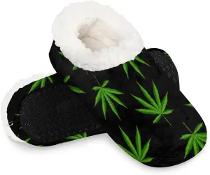 Marijuana Pattern Green House Slippers for Women Men Soft Closed Back Slippers Indoor Fuzzy Bedroom Shoes Lightweight Non-slip Home Slippers