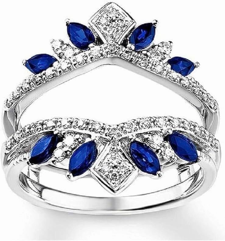 Marquise & Round Cut Created Blue Sapphire & CZ Engagement Enhancer Wrap Wedding Band Ring Guard For Womens 925 Sterling Silver, White