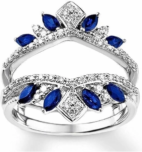 Marquise & Round Cut Created Blue Sapphire & CZ Engagement Enhancer Wrap Wedding Band Ring Guard For Womens 925 Sterling Silver, White
