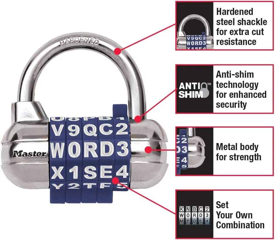 Master Lock Padlock, Set Your Own Word Combination Lock, 2-1/2 in. Wide, Black, 3 Pack,1534BLKEC3