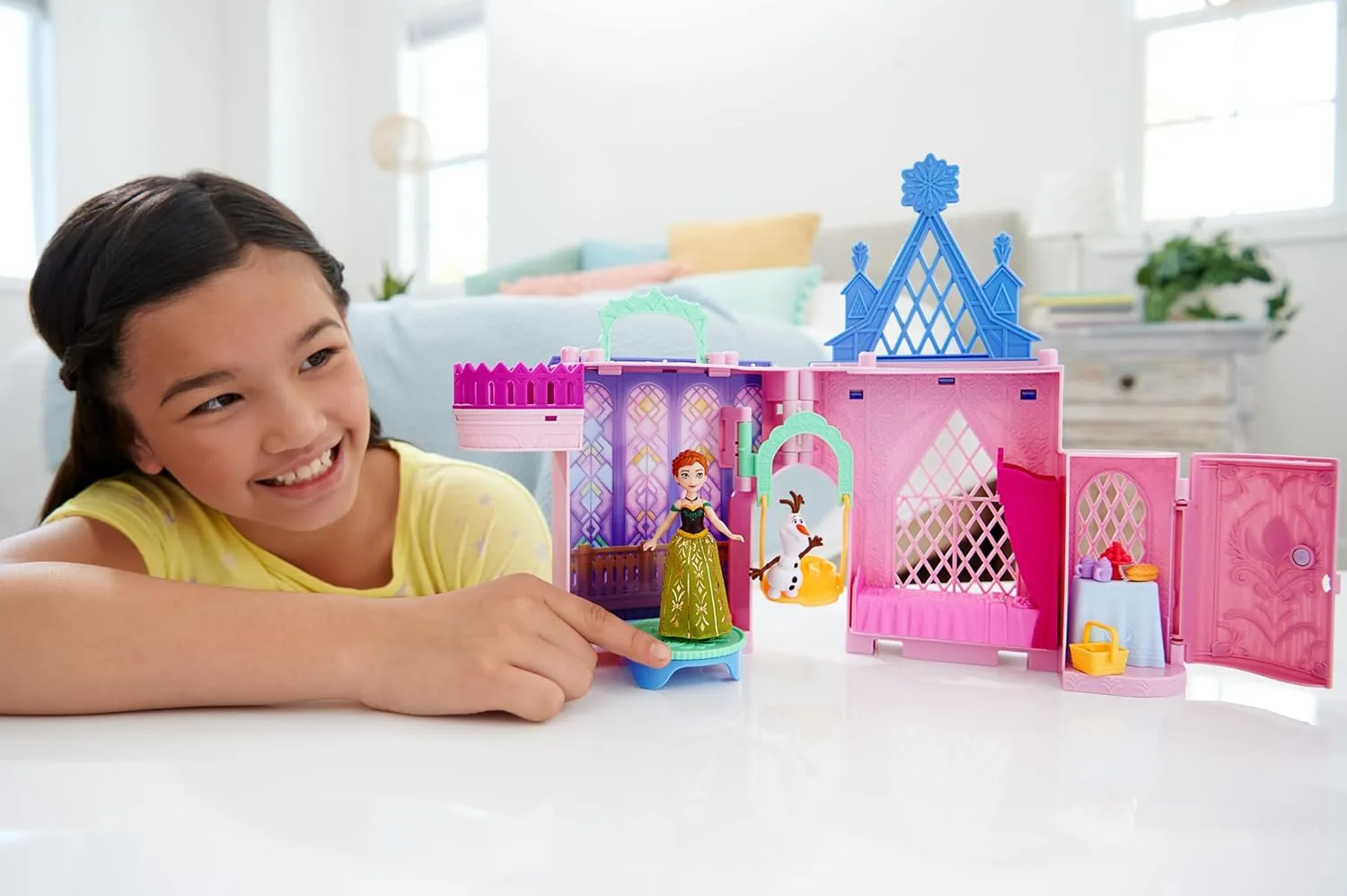 Mattel Disney Frozen Storytime Stackers Playset, Anna’s Arendelle Castle Dollhouse with Small Doll, Olaf and 7 Accessories, Inspired by Disney Frozen Movies
