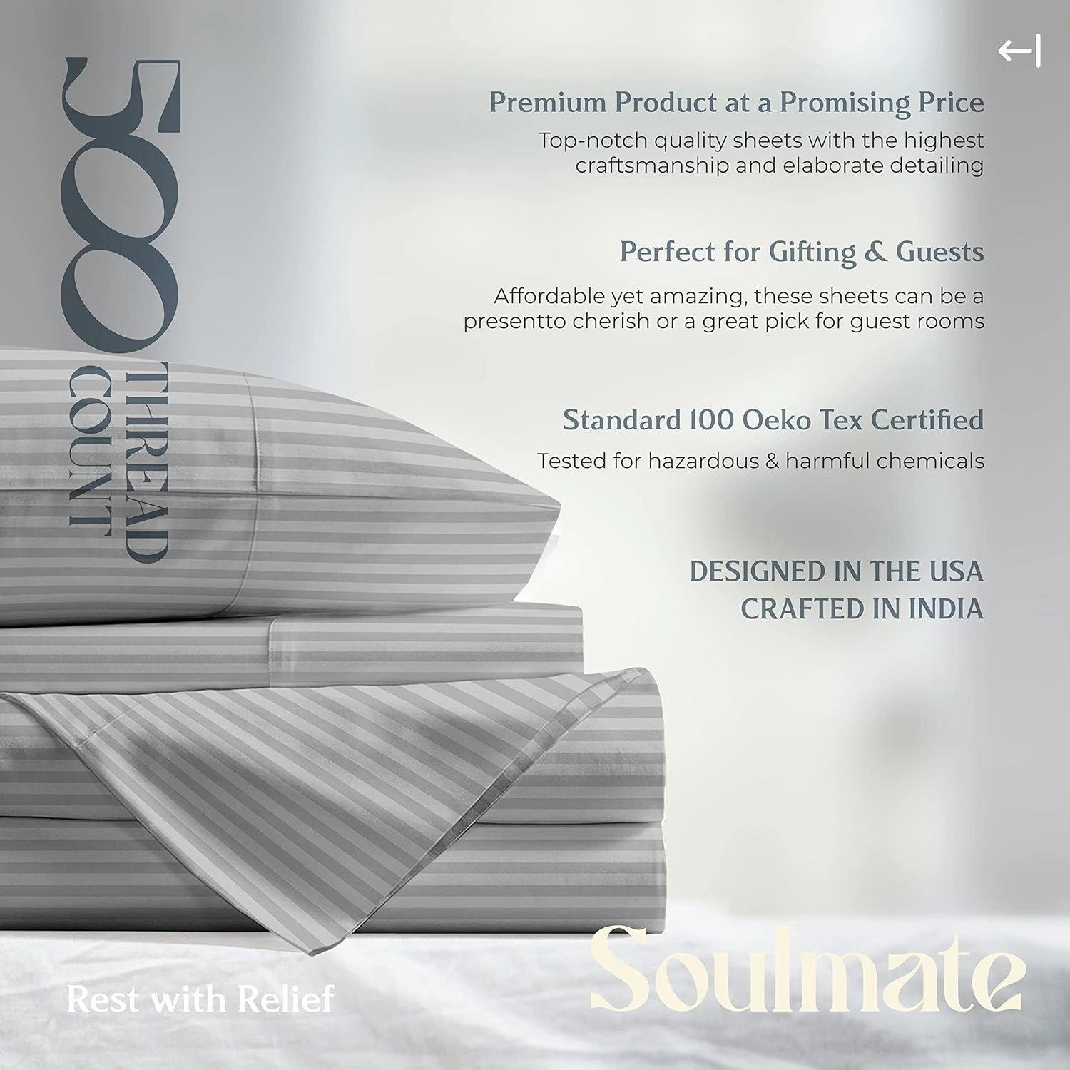 Mayfair Linen 100% Cotton Striped Sheets Queen Size Bed Set - 500 Thread Count Damask Sheets Queen Size 4 PC Set (Silver Stripe), Soft, Cooling, Sateen Weave Hotel-Quality 16" Deep Pocket Bedsheet