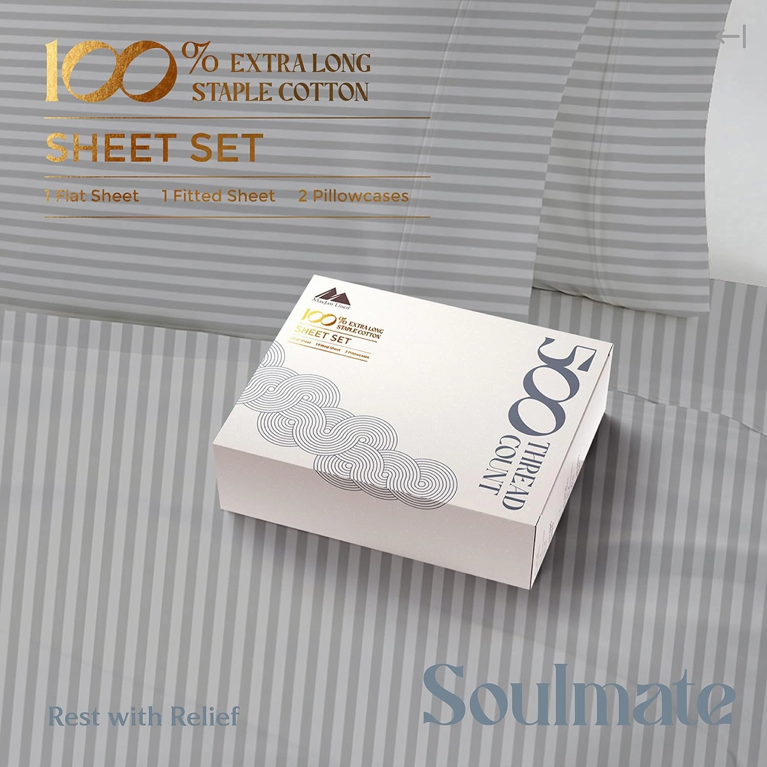 Mayfair Linen 100% Cotton Striped Sheets Queen Size Bed Set - 500 Thread Count Damask Sheets Queen Size 4 PC Set (Silver Stripe), Soft, Cooling, Sateen Weave Hotel-Quality 16" Deep Pocket Bedsheet