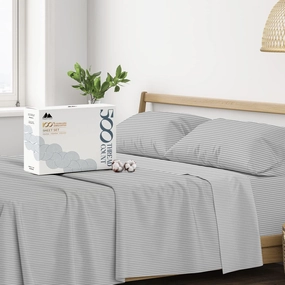 Mayfair Linen 100% Cotton Striped Sheets Queen Size Bed Set - 500 Thread Count Damask Sheets Queen Size 4 PC Set (Silver Stripe), Soft, Cooling, Sateen Weave Hotel-Quality 16" Deep Pocket Bedsheet