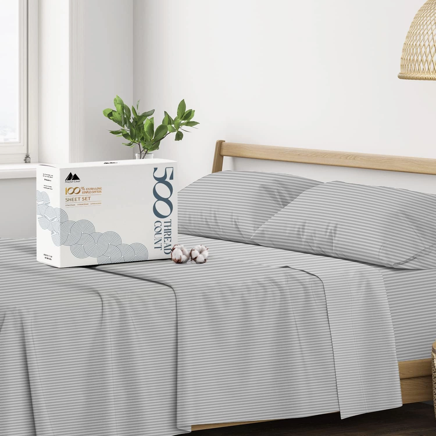 Mayfair Linen 100% Cotton Striped Sheets Queen Size Bed Set - 500 Thread Count Damask Sheets Queen Size 4 PC Set (Silver Stripe), Soft, Cooling, Sateen Weave Hotel-Quality 16" Deep Pocket Bedsheet