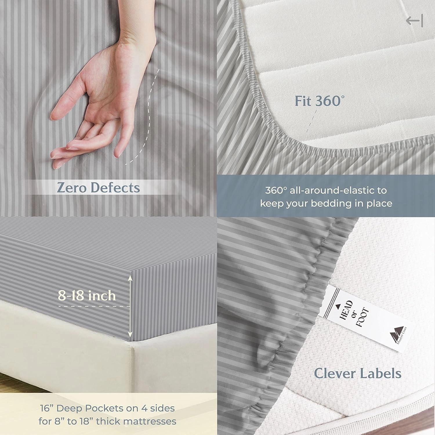 Mayfair Linen 100% Cotton Striped Sheets Queen Size Bed Set - 500 Thread Count Damask Sheets Queen Size 4 PC Set (Silver Stripe), Soft, Cooling, Sateen Weave Hotel-Quality 16" Deep Pocket Bedsheet