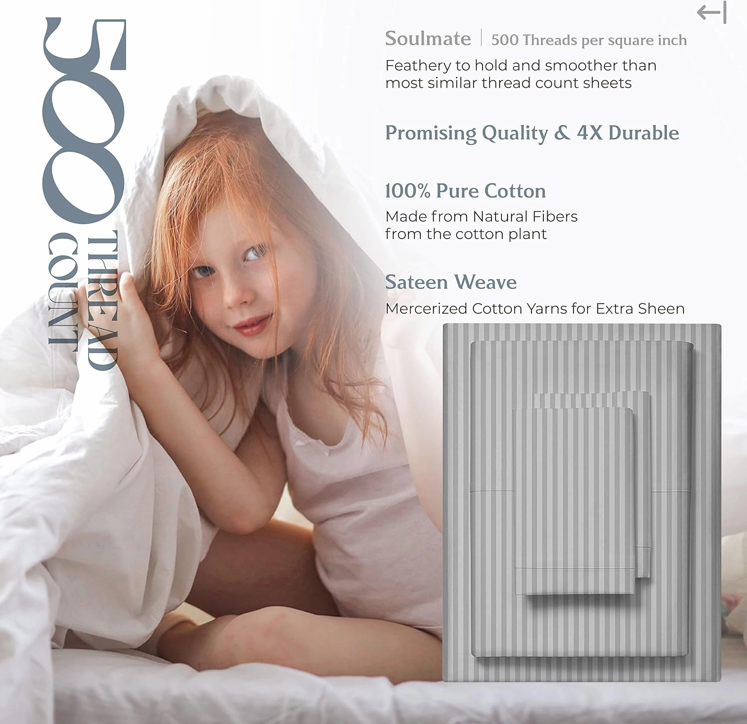 Mayfair Linen 100% Cotton Striped Sheets Queen Size Bed Set - 500 Thread Count Damask Sheets Queen Size 4 PC Set (Silver Stripe), Soft, Cooling, Sateen Weave Hotel-Quality 16" Deep Pocket Bedsheet