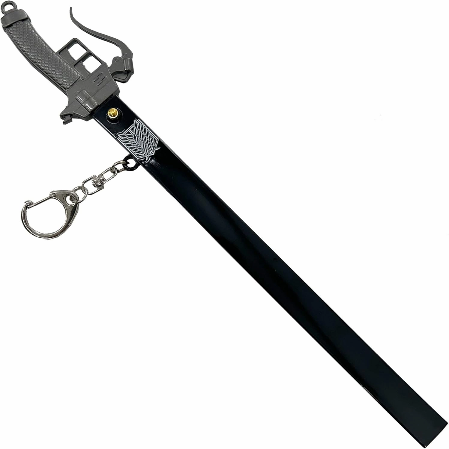 MedievalDepot Spring Action Popup Mini Katana Keychain AOT 3D Maneuver Blade Edition – Overall 9" – Metal Blade with Keyring, Trigger Handle, Scabbard & Display Stand