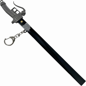 MedievalDepot Spring Action Popup Mini Katana Keychain AOT 3D Maneuver Blade Edition – Overall 9" – Metal Blade with Keyring, Trigger Handle, Scabbard & Display Stand