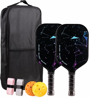 Megrez Fiberglass Graphite Pickleball Paddle Set 2 Lightweight 8.4oz Paddles with Honeycomb Core Spin-Friendly Surface 4 Balls, Bag & Grip Tapes – for Beginner, Intermediate Players
