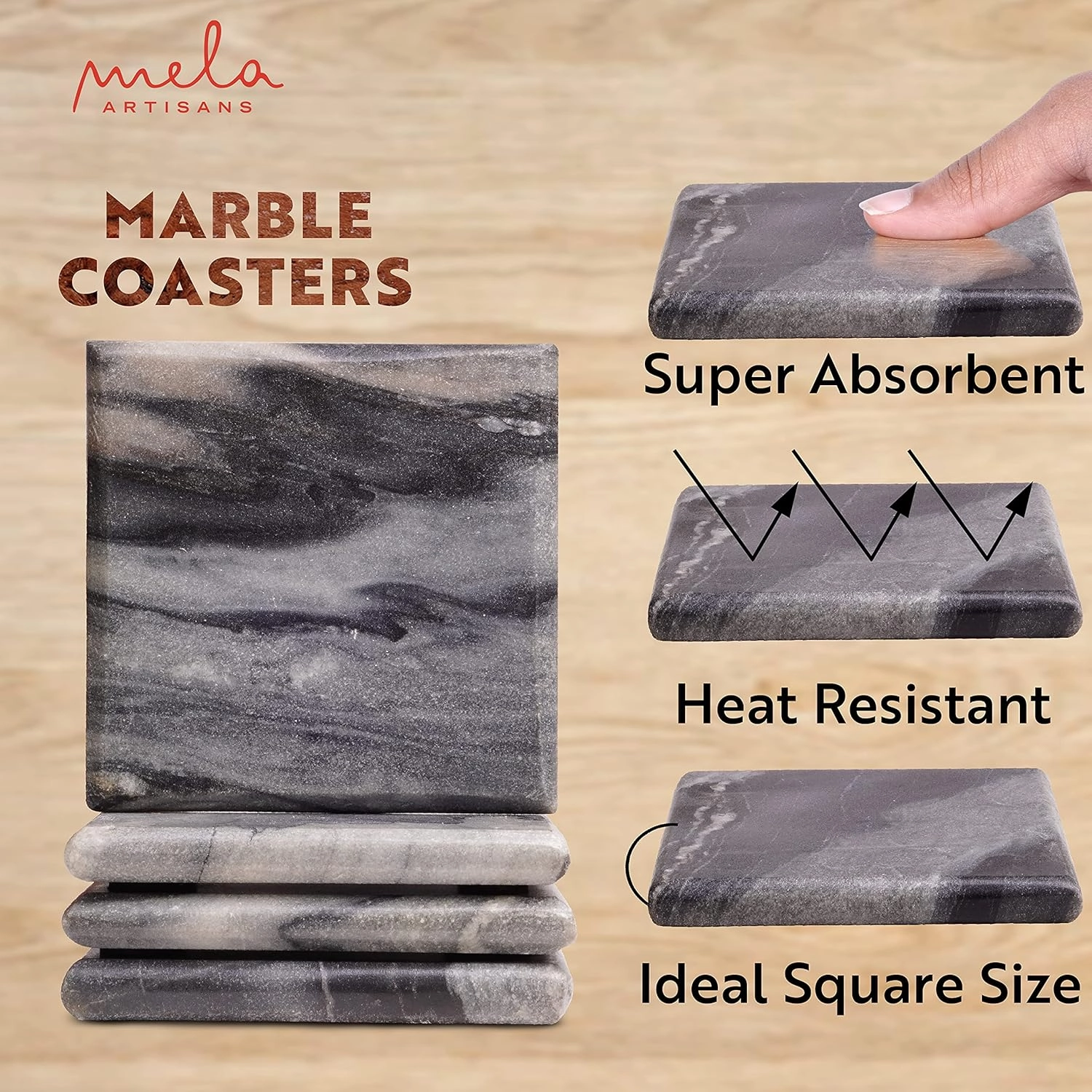 Mela Artisans Set of 4 Hand Crafted Marble Coasters - Sleek Black, Square | Coffee Table Decor | Absorbent Keeping Surfaces Dry & Safe | Ideal for Wine Glasses, Water Cups or Beer Mugs