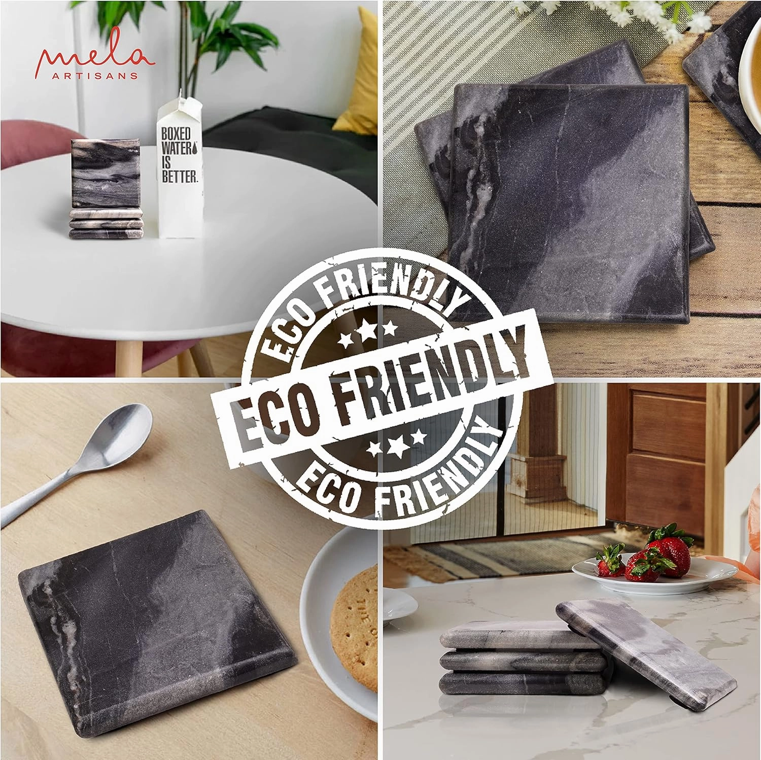 Mela Artisans Set of 4 Hand Crafted Marble Coasters - Sleek Black, Square | Coffee Table Decor | Absorbent Keeping Surfaces Dry & Safe | Ideal for Wine Glasses, Water Cups or Beer Mugs