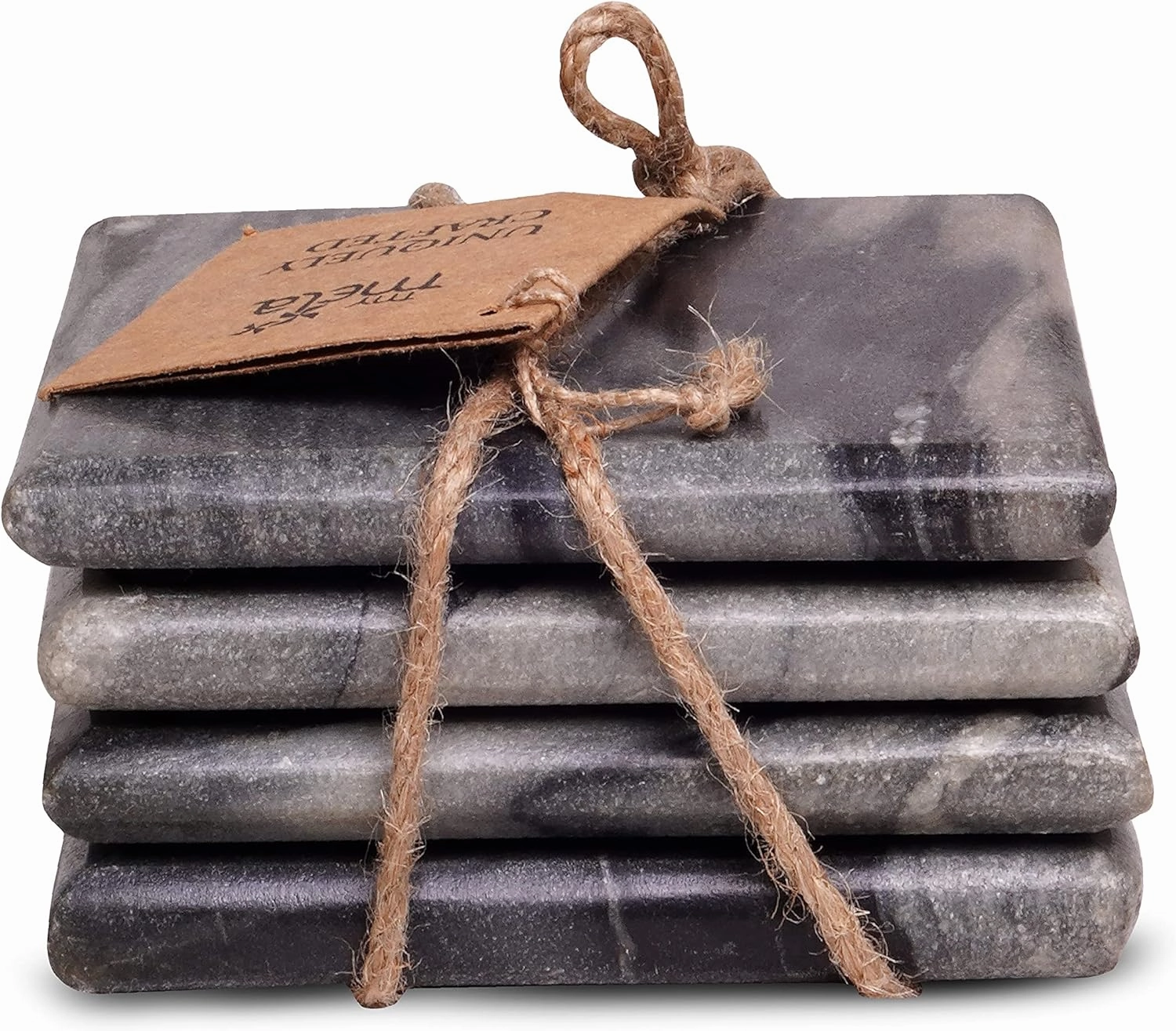 Mela Artisans Set of 4 Hand Crafted Marble Coasters - Sleek Black, Square | Coffee Table Decor | Absorbent Keeping Surfaces Dry & Safe | Ideal for Wine Glasses, Water Cups or Beer Mugs