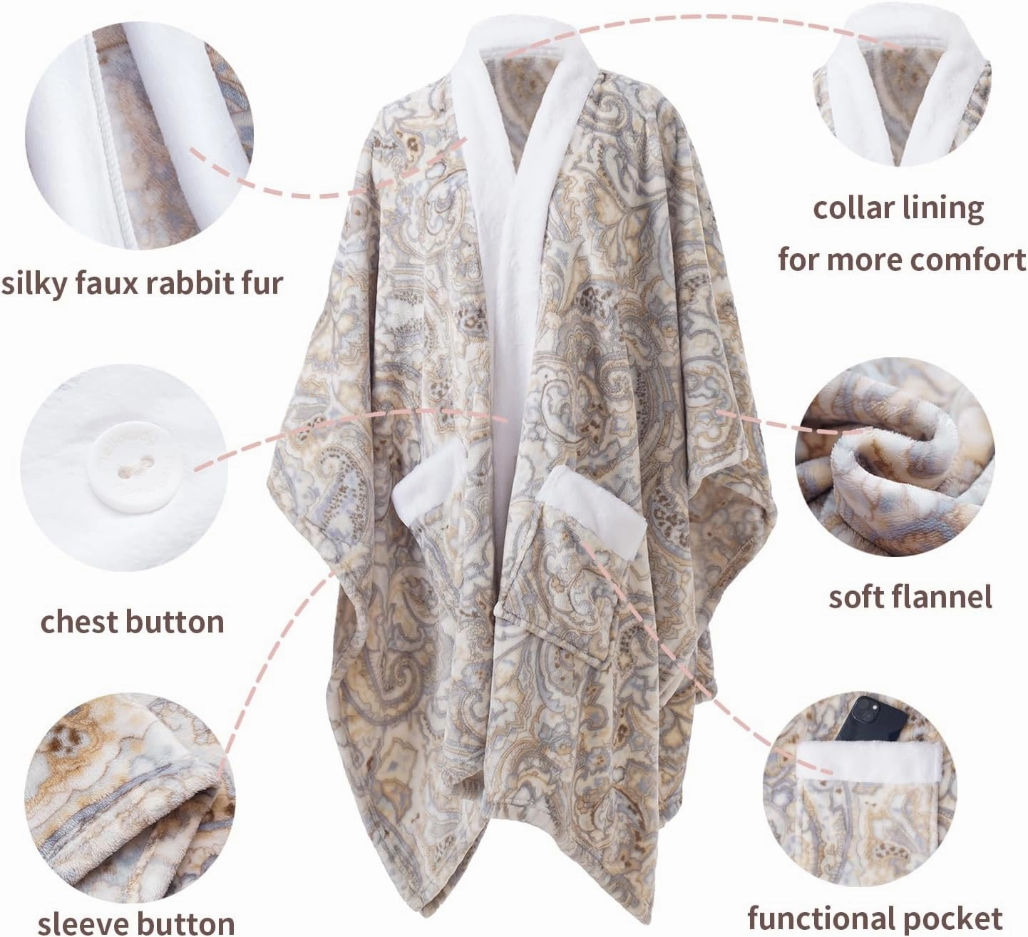 Mellowdy ULazy Blanket, Poncho Shawl Wearable Blanket with Pockets and Sleeves for Women and Men, Warm Snuggie, Soft Fuzzy Robe Fleece Throw for Gifting, Home, Travel (Paisley Print)