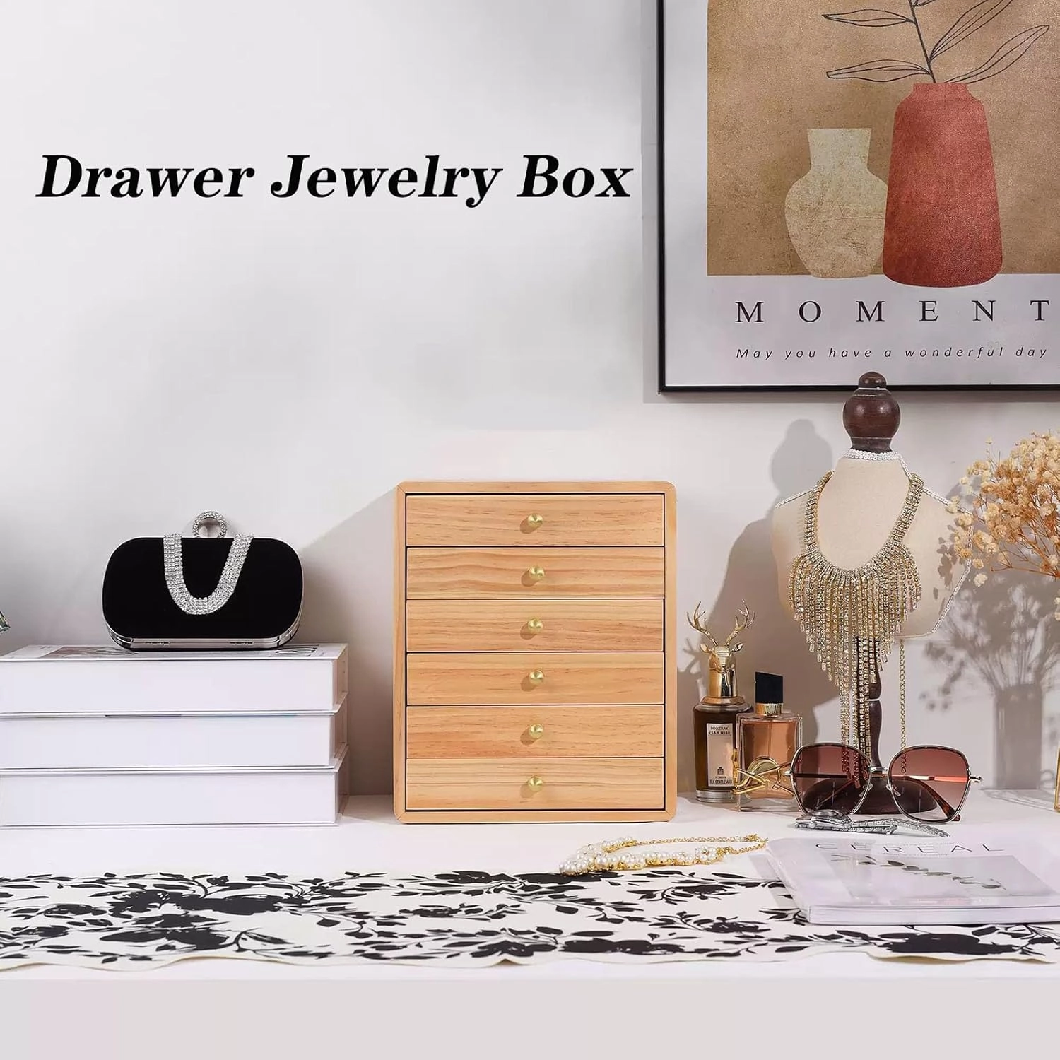 Men Accessories Organizer Drawer Jewelry Storage Box with Soft Velvet Pillows Drawer Organizer Box with Glass Lid for Watch Necklace Ring Earring,A3
