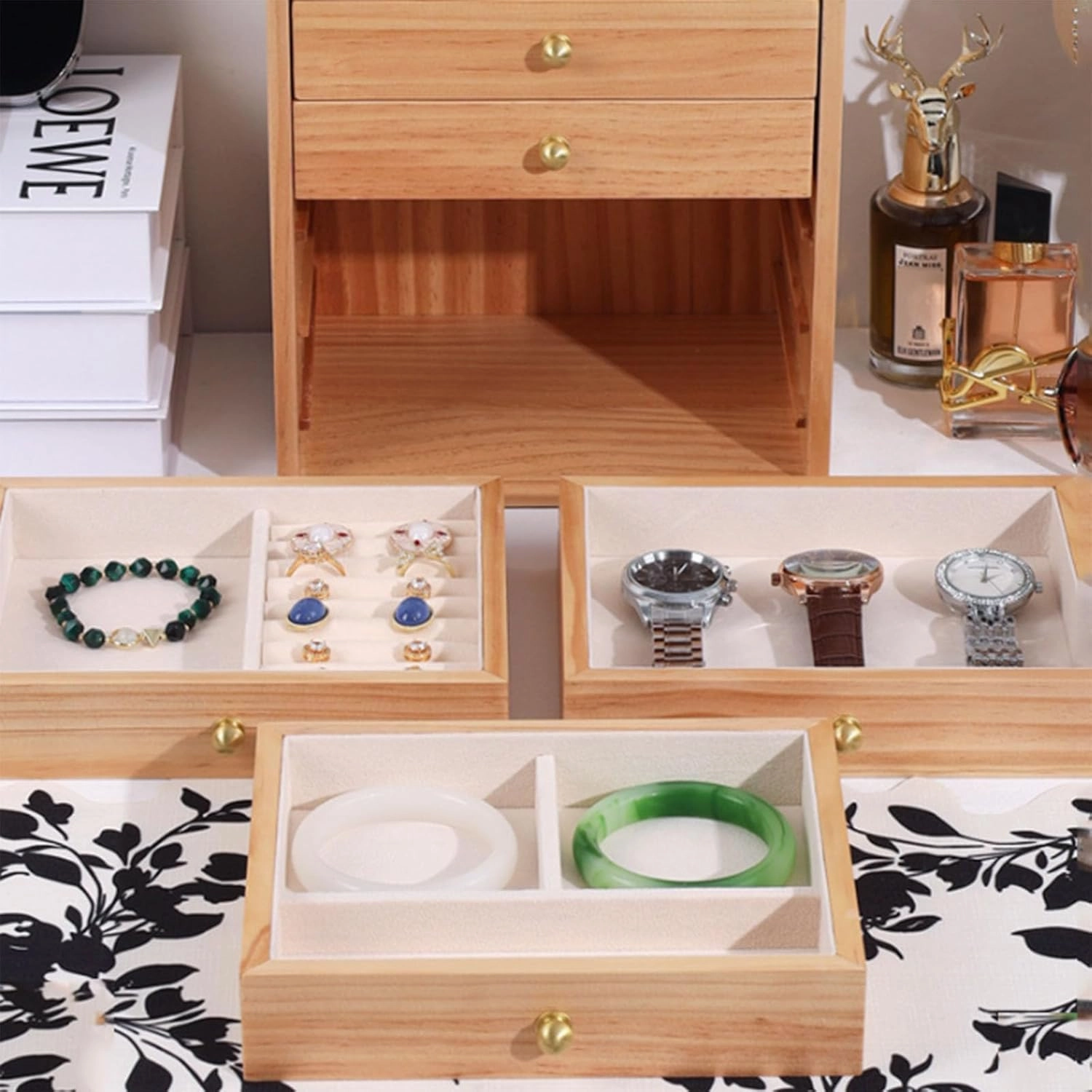 Men Accessories Organizer Drawer Jewelry Storage Box with Soft Velvet Pillows Drawer Organizer Box with Glass Lid for Watch Necklace Ring Earring,A3