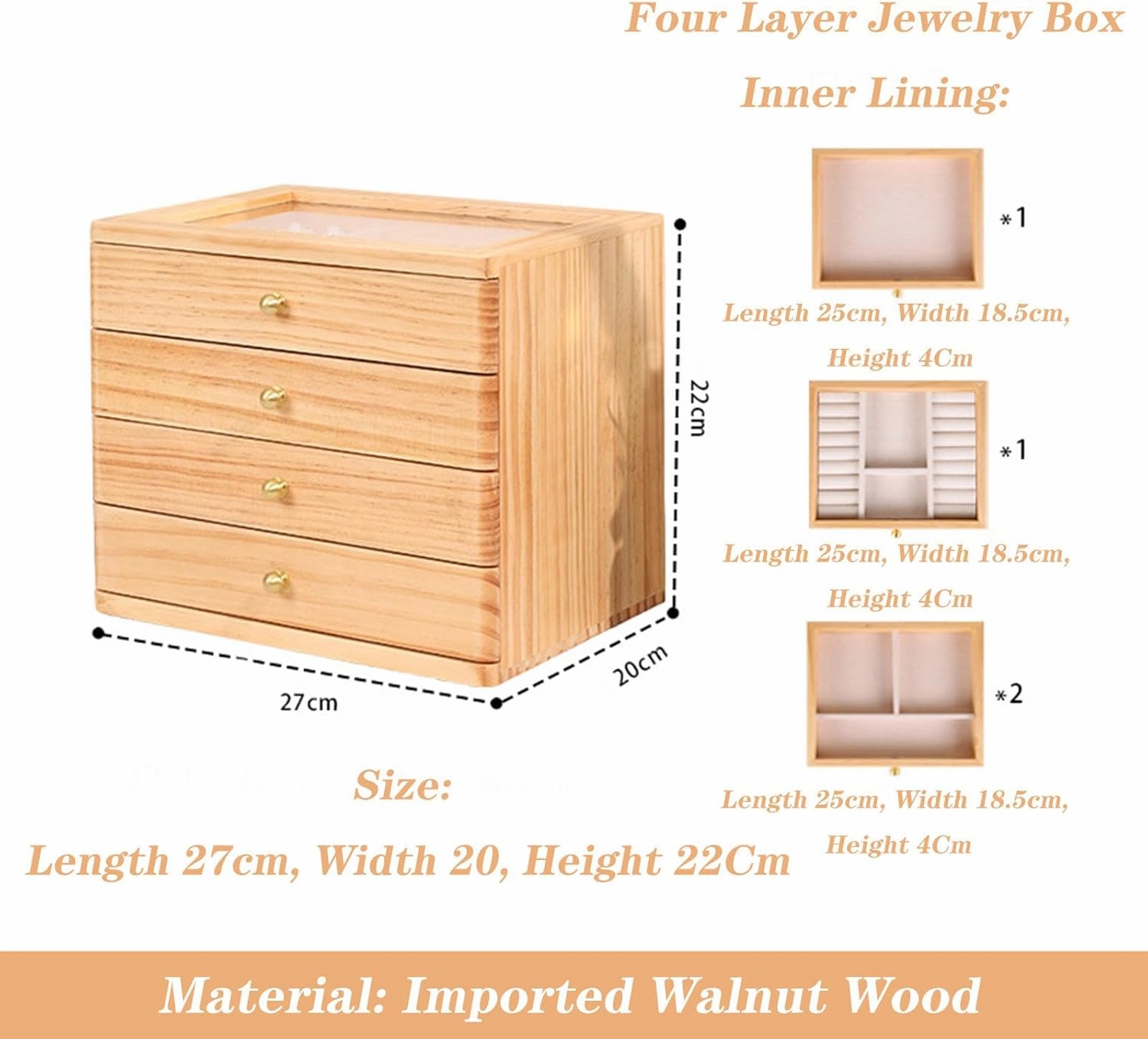 Men Accessories Organizer Drawer Jewelry Storage Box with Soft Velvet Pillows Drawer Organizer Box with Glass Lid for Watch Necklace Ring Earring,A3