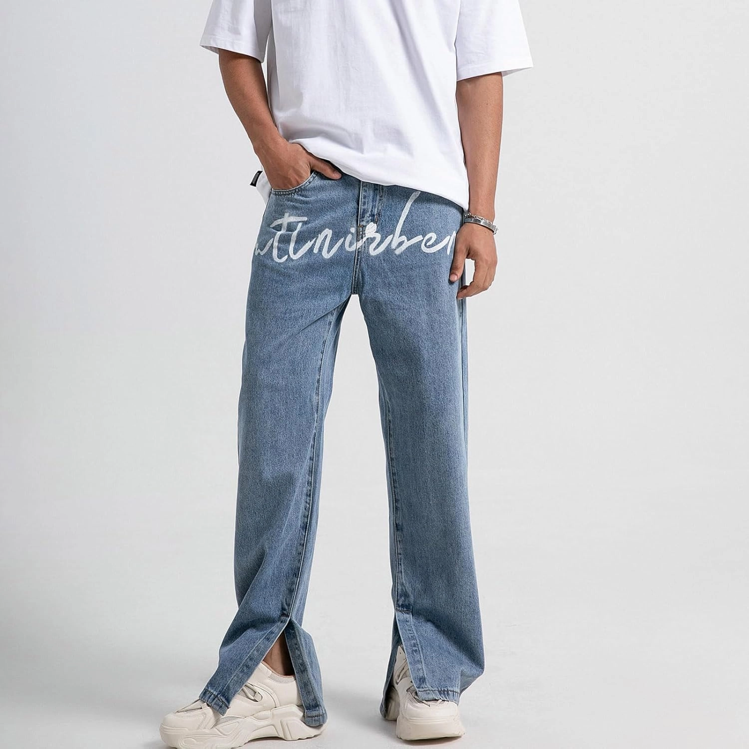 Men's Baggy Jeans Y2K Vintage Gothic Alphabet Print Jeans Black Denim Pants Wide Leg Pants Streetwear