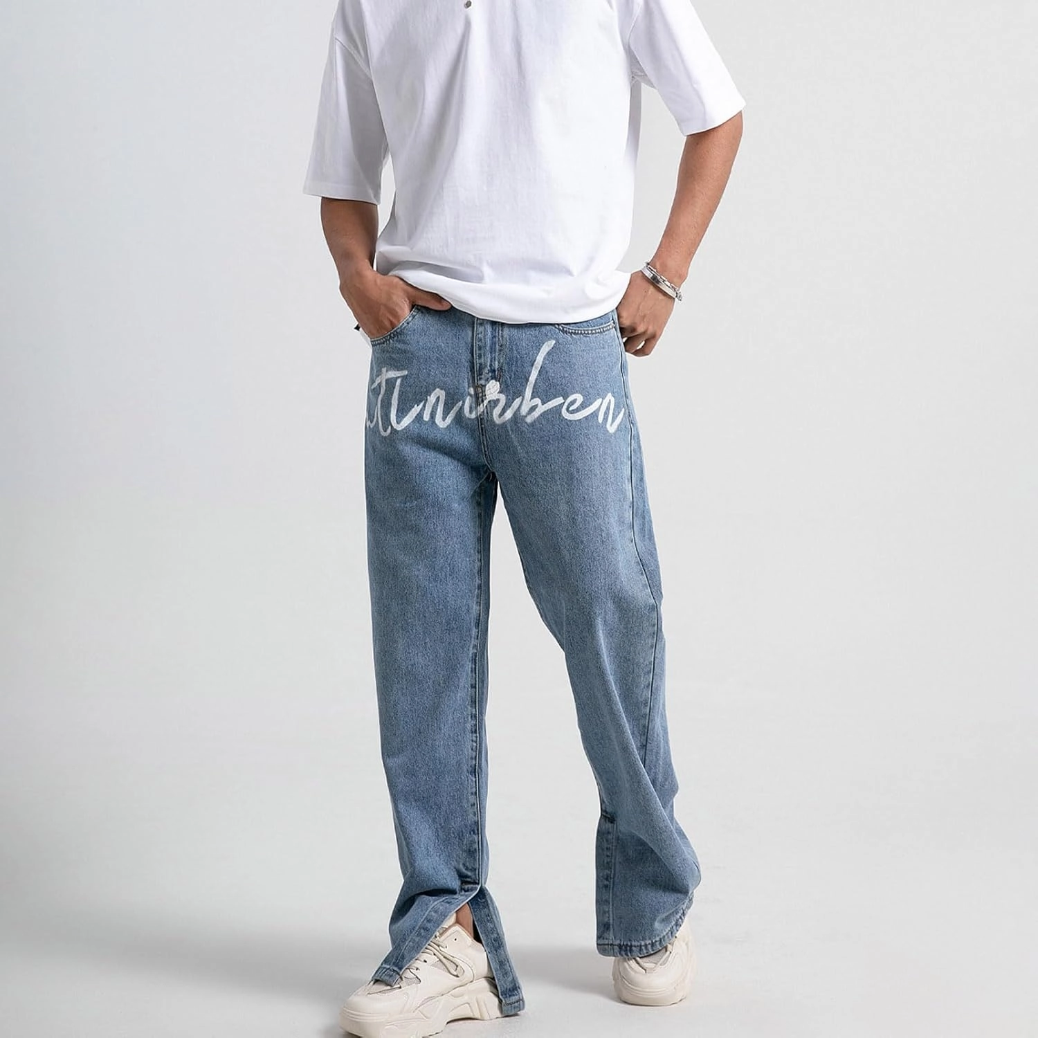 Men's Baggy Jeans Y2K Vintage Gothic Alphabet Print Jeans Black Denim Pants Wide Leg Pants Streetwear