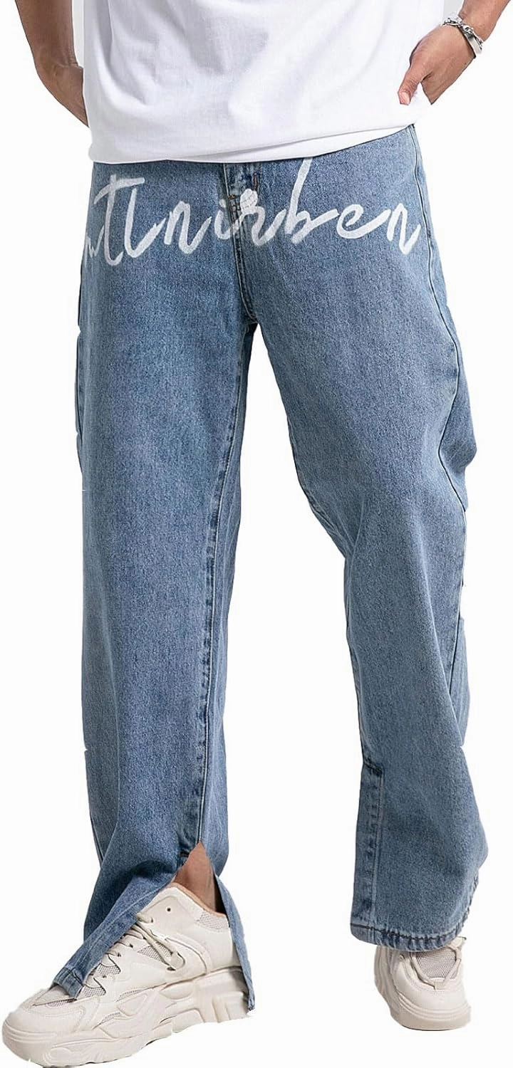 Men's Baggy Jeans Y2K Vintage Gothic Alphabet Print Jeans Black Denim Pants Wide Leg Pants Streetwear