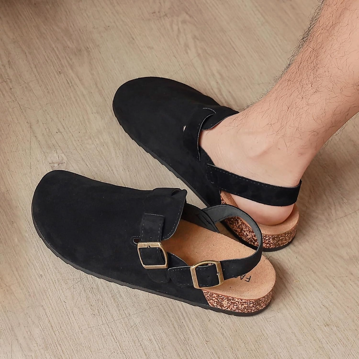 Men's Suede Clogs with Back Strap Adjustable Cork Footbed Leather Mules Clogs for Women Comfort Memory Foam Slingback Clog Sandal with Buckle Slip on Potato Shoes