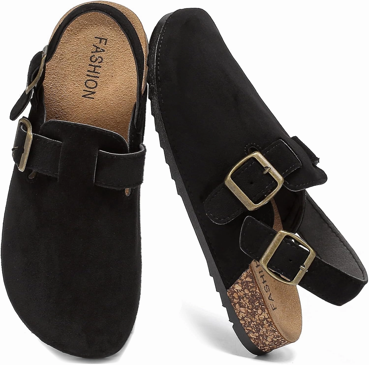 Men's Suede Clogs with Back Strap Adjustable Cork Footbed Leather Mules Clogs for Women Comfort Memory Foam Slingback Clog Sandal with Buckle Slip on Potato Shoes