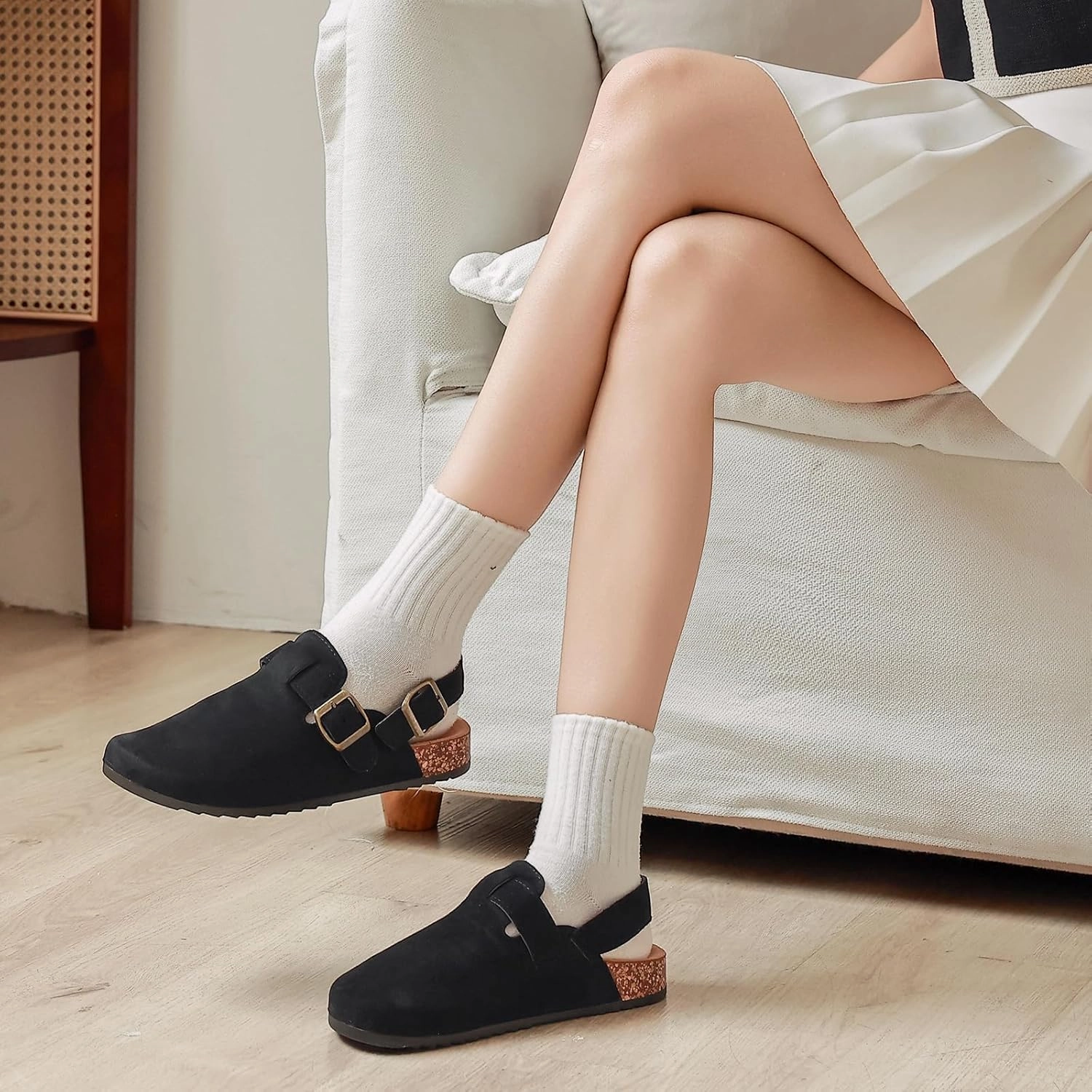 Men's Suede Clogs with Back Strap Adjustable Cork Footbed Leather Mules Clogs for Women Comfort Memory Foam Slingback Clog Sandal with Buckle Slip on Potato Shoes