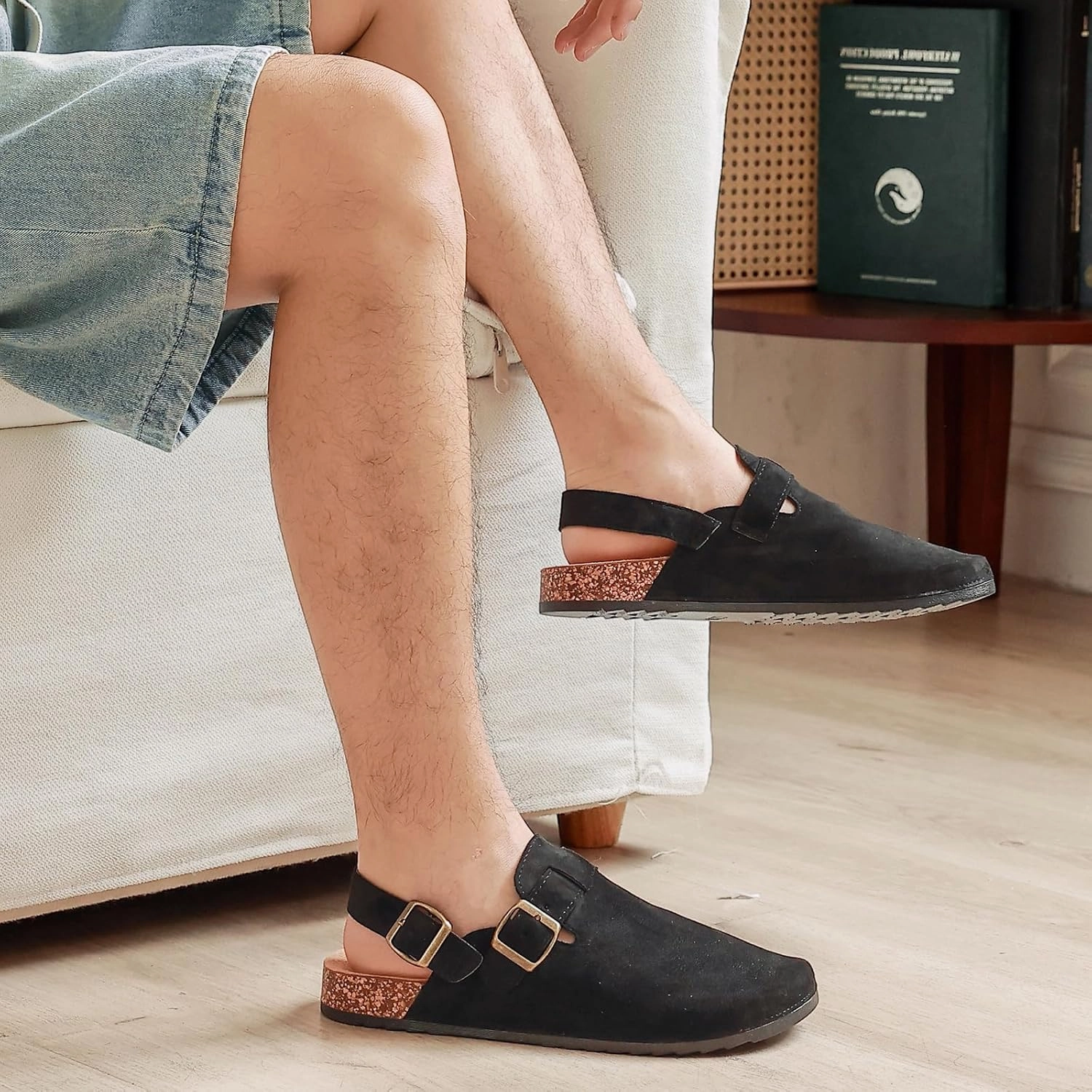 Men's Suede Clogs with Back Strap Adjustable Cork Footbed Leather Mules Clogs for Women Comfort Memory Foam Slingback Clog Sandal with Buckle Slip on Potato Shoes