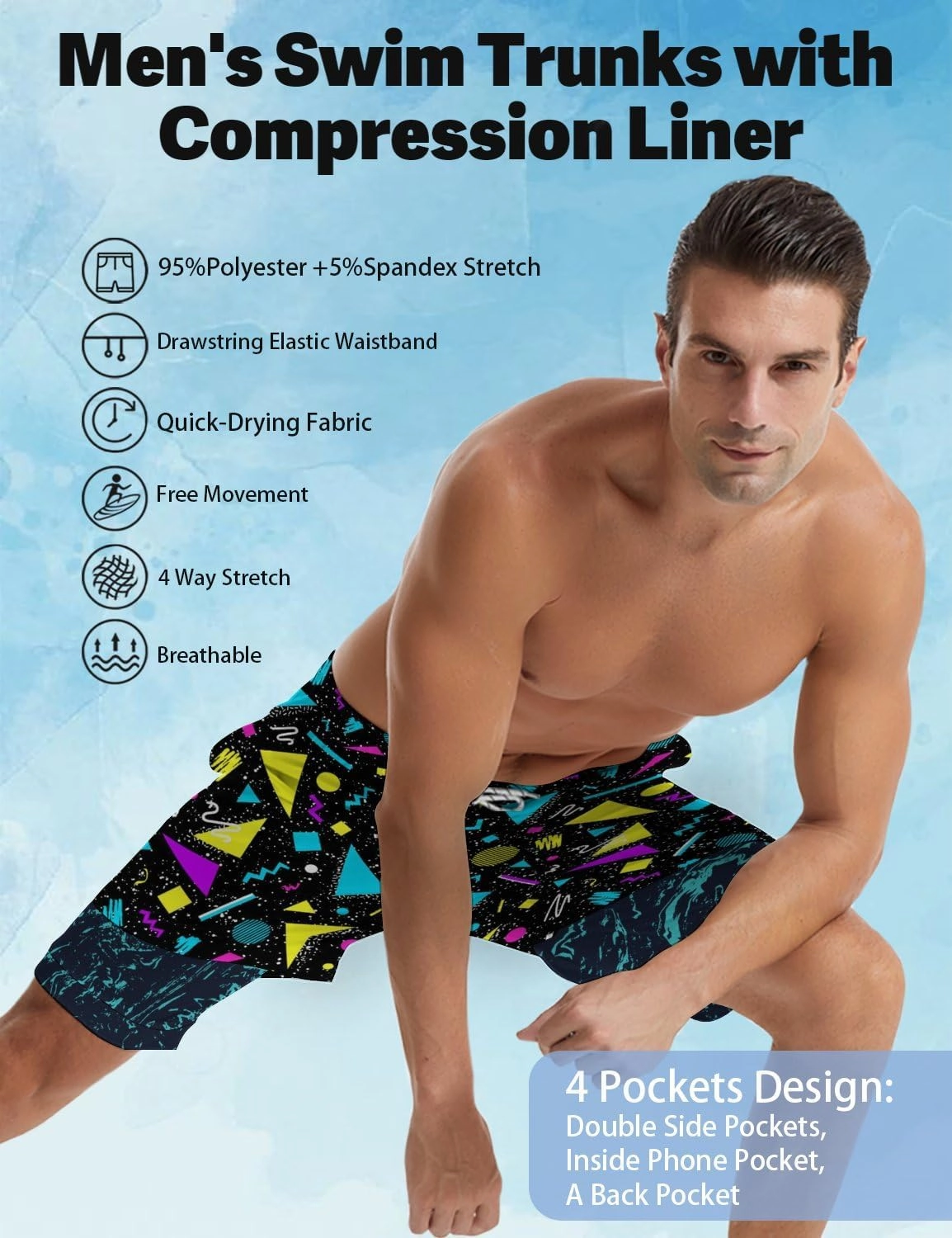 Men's Swim Trunks with Compression Liner Quick Dry 2 in 1 Swimming Trunks Beach Board Shorts Bathing Suits Swimwear