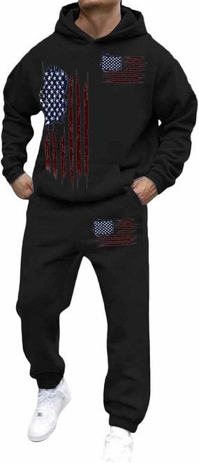 Men Tracksuit 2 Piece Trendy USA Flag Long Sleeve Hooded Sweatshirt Sweatpants Workout Gym Jogging Relaxed Fit Outfit