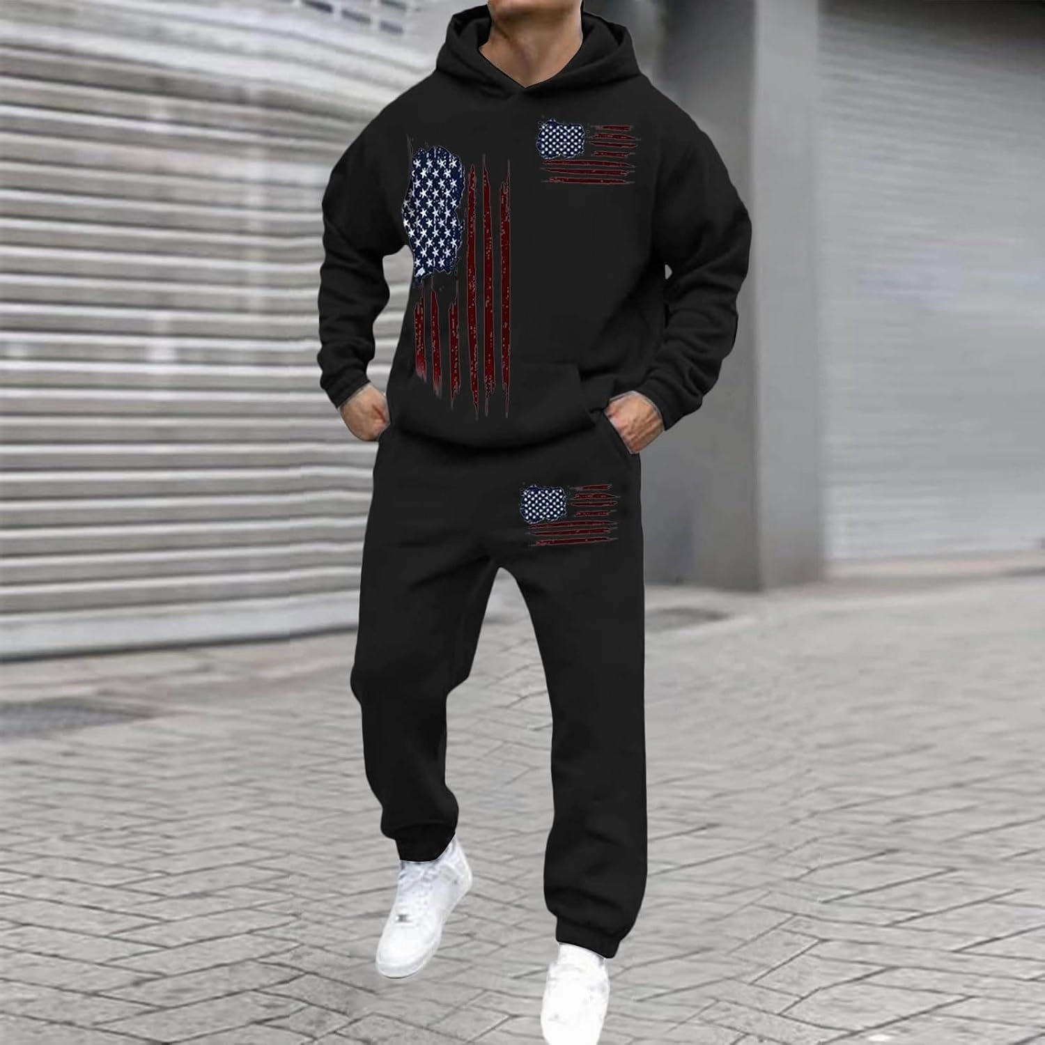 Men Tracksuit 2 Piece Trendy USA Flag Long Sleeve Hooded Sweatshirt Sweatpants Workout Gym Jogging Relaxed Fit Outfit