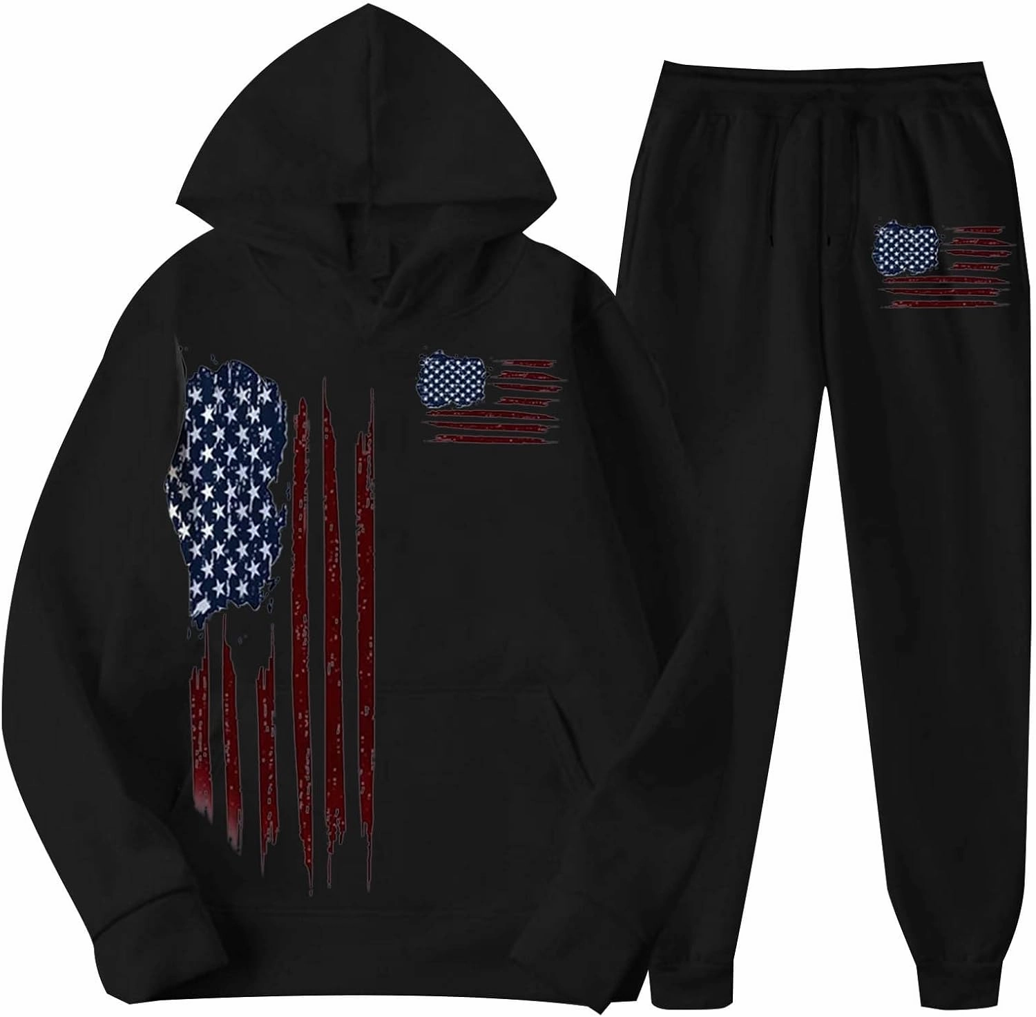 Men Tracksuit 2 Piece Trendy USA Flag Long Sleeve Hooded Sweatshirt Sweatpants Workout Gym Jogging Relaxed Fit Outfit