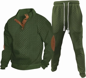 Mens 2 Piece Sweatsuits Sets Stand Collar Button Elbow Patch Long Sleeve Sweatshirts Pants Outdoor Loose Sport Suits