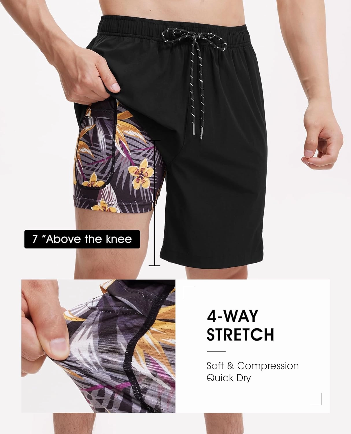 Mens 7 Inch Swim Trunks with Compression Liner Stretch Quick Dry Swim Shorts Swimsuits with Pockets