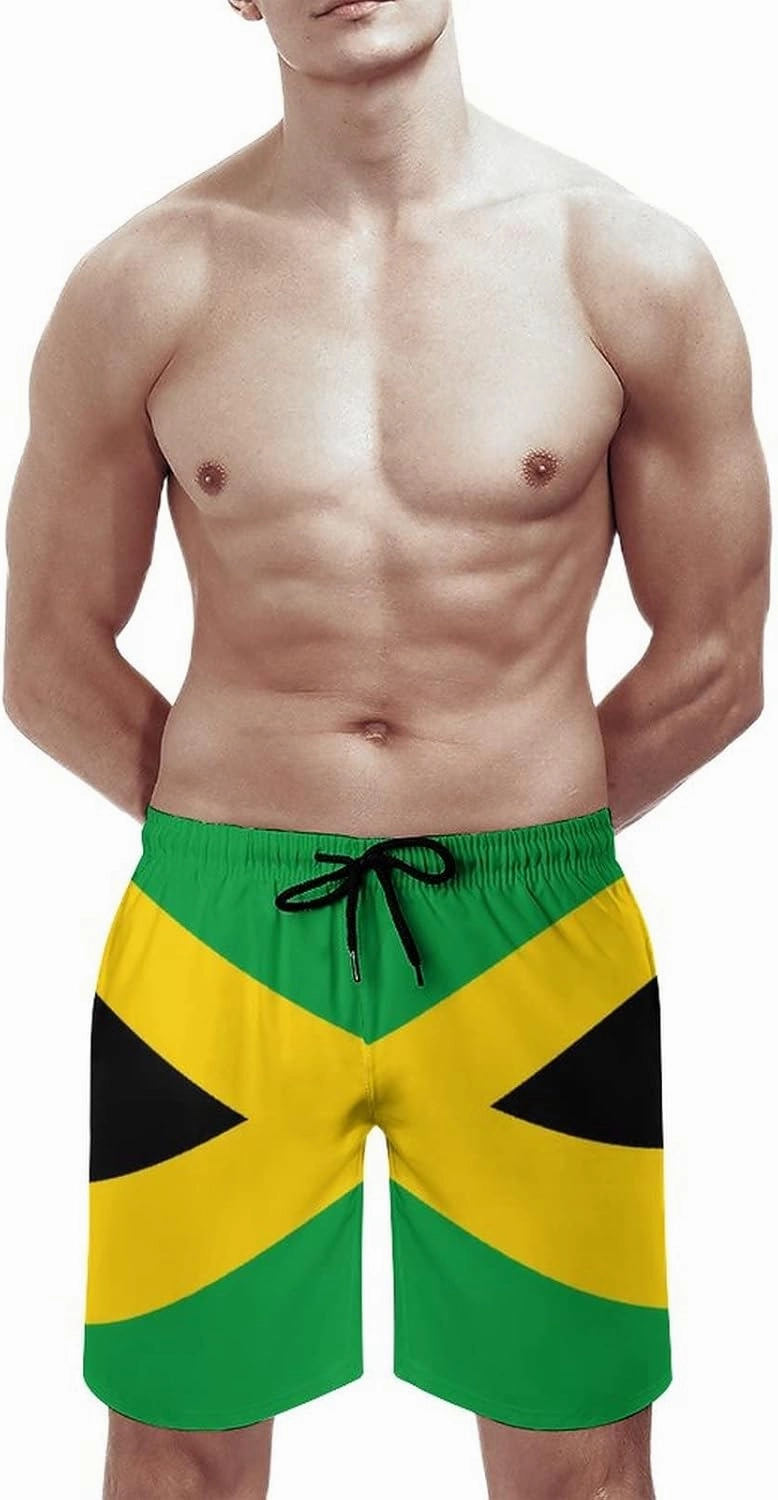 Mens Jamaican Flag Swim Trunks Quick Dry Board Shorts with Mesh Lining