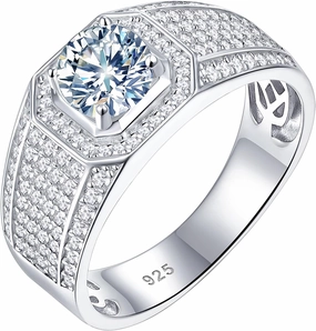 Mens Moissanite Wedding Band Engagement Ring Solitaire Stone 925 Sterling Silver Ring 1.5cttw D Color VVS1 Clarity Brilliant Round Cut Size 7-14