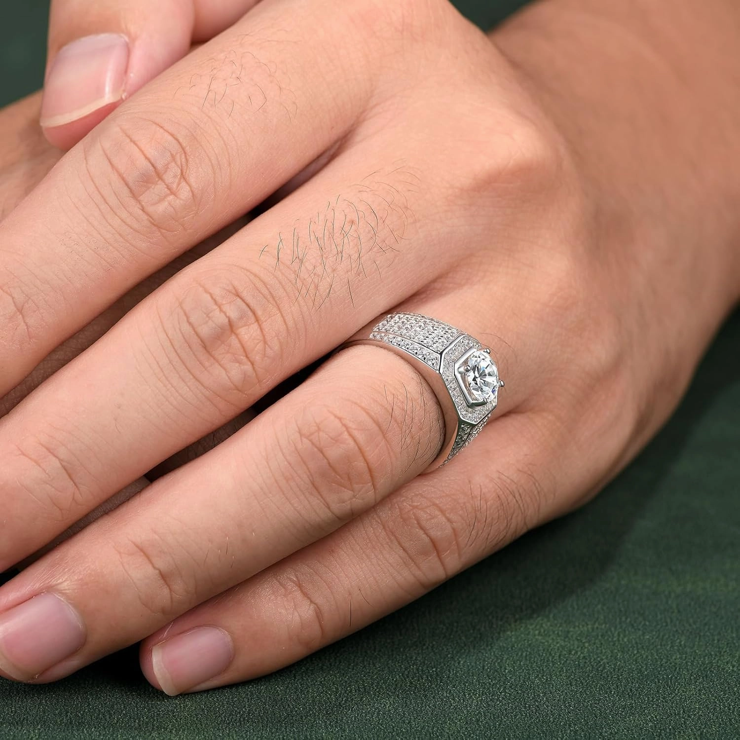 Mens Moissanite Wedding Band Engagement Ring Solitaire Stone 925 Sterling Silver Ring 1.5cttw D Color VVS1 Clarity Brilliant Round Cut Size 7-14