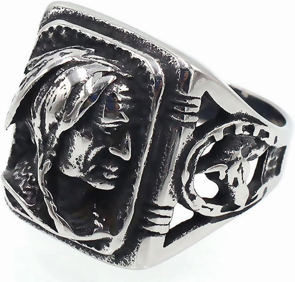 Mens Vintage Classic Stainless Steel Ring Biker Native American Indian Women Head Rings Silver Black Band